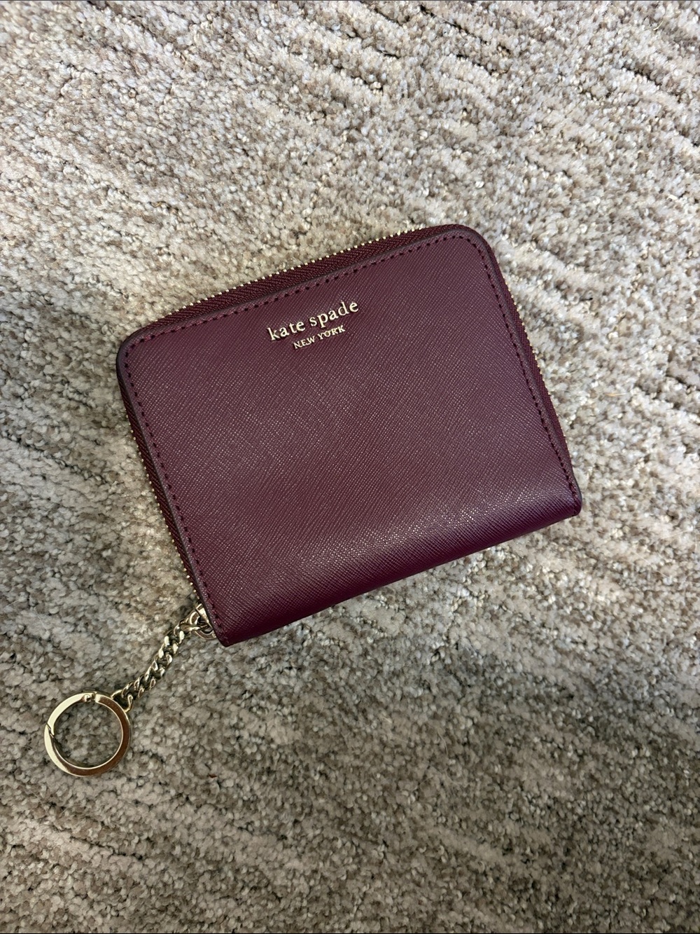 kate spade plum zip card wallet with gold keyring